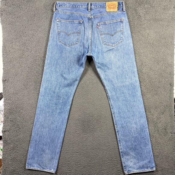 Levis 501 Jeans Mens 36x36 Blue Straight Fit Button Fly Light Wash Denim Pants - Picture 7 of 16